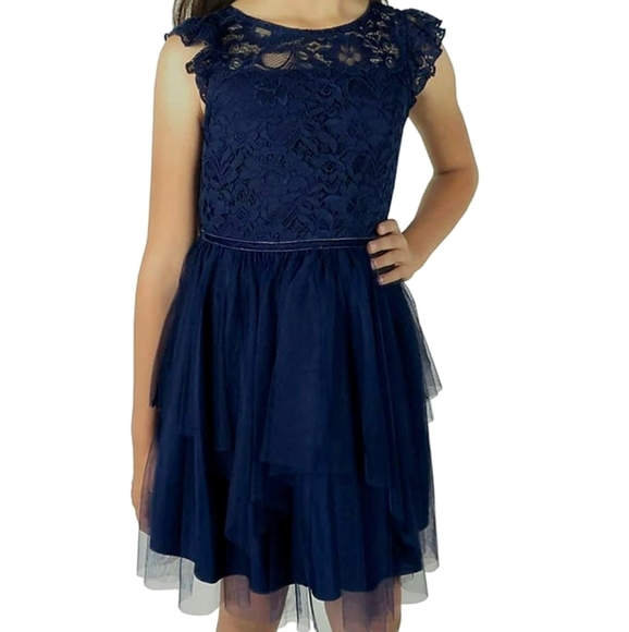 NEW Zunie Girl Lace to Mesh Navy Blue Occasional Formal Event Dress Size 14 - Picture 1 of 2